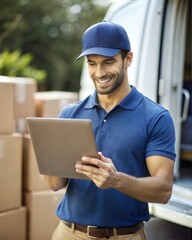 Courier with Digital Tablet (4:5): A courier using a digital tablet to confirm a delivery, focused on the device.
