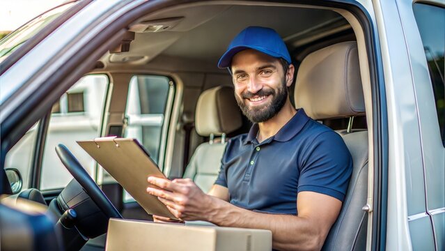Delivery Driver in Van (16:9): A delivery driver seated in a van, holding a clipboard, ready for delivery.
