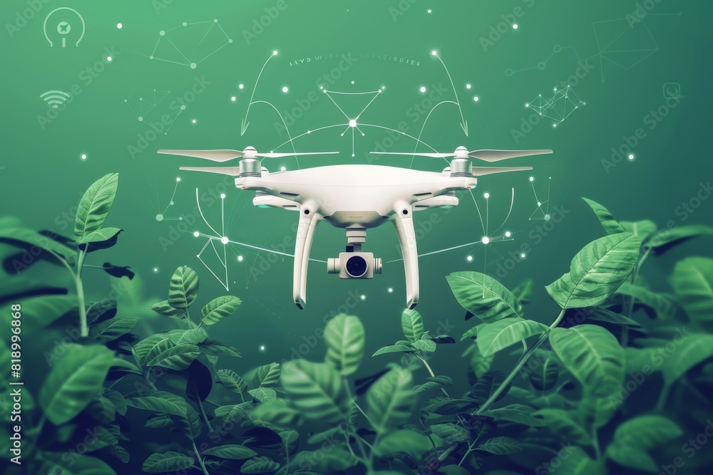 Poster drone technology in landscape farm automation for crop monitoring with white drone in smart farming 