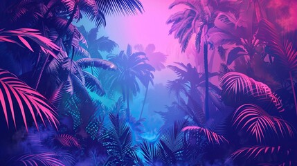 Fototapeta na wymiar Illustration of a tropical background in neon light in retro style 