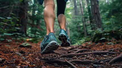 Lady trail runner on forest path with close up of trail running shoes. 