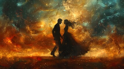 Couple's Cosmic Embrace in Celestial Galaxy Landscape