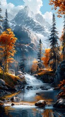 Enchanting Autumn Landscape with Majestic Mountain Waterfall Amidst Lush Foliage