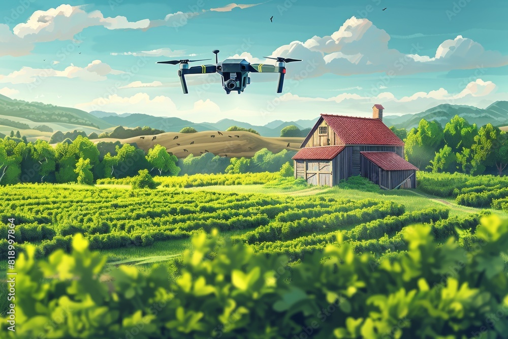Poster isometric vector camera drones for crop irrigation quality and conservation in advanced farming with