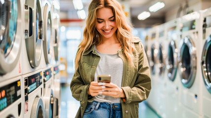 Woman in Casual Wear Enjoying Time at Laundromat