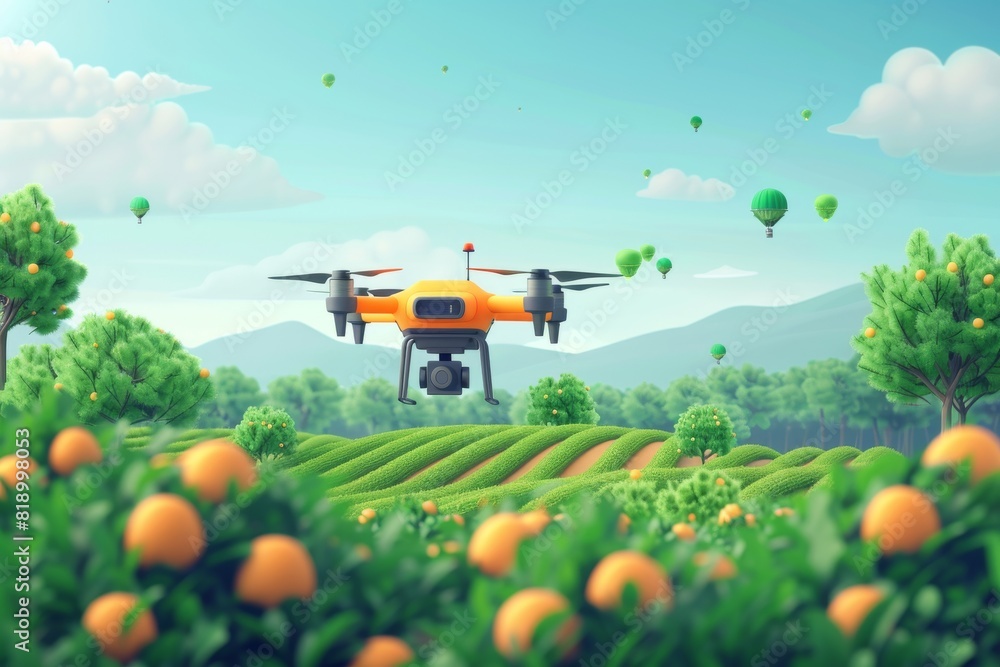 Poster aerial view of advanced farming with drone sensoric technology using orange drones for soil and envi