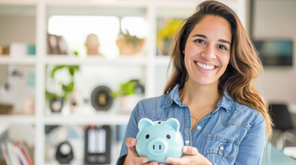 Smiling Woman Holding a Piggy Bank in Office