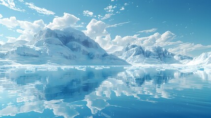 Majestic Frozen Glacier Lake Reflecting Snow-Capped Mountains Against Dramatic Cloudy Blue Sky