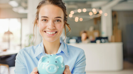 Happy Woman Saving Money with Piggy Bank