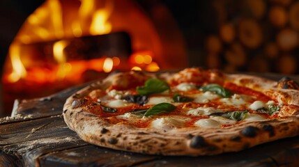 mouthwatering artisanal pizza rustic woodfired margherita with fresh basil and mozzarella food...