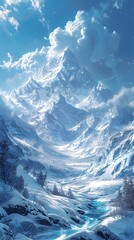 Majestic Snow-Capped Mountain Peaks Soaring into the Ethereal,Cloud-Filled Sky in a Pristine Himalayan Landscape