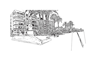 Print Building view with landmark of Santa Pola is a coastal town in Spain. Hand drawn sketch illustration in vector.