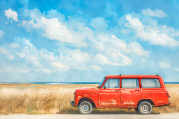 Fototapeta premium Illustration of a red car on the beach with a blue sky and sea in the distance