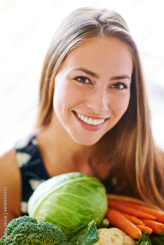 Canvas Prints Happy, portrait and woman with vegetables on kitchen counter for health, nutrition and wellness. Smile, nutritionist and groceries for diet, vegan and home in apartment for meal prep and cooking