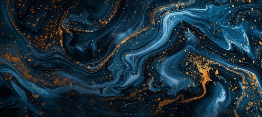 Fototapeta premium A closeup of an abstract blue and gold marble pattern with swirling textures, creating a sense of depth and movement. 
