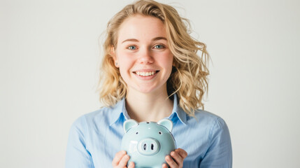 Happy Woman with Piggy Bank on White Background