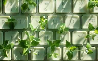 small plants and flowers growing through the computer keyboard .Technology and nature fusion, Green computing . Eco-friendly innovation, sustainable tech integration, digital detox