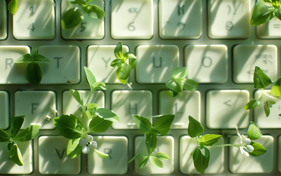 small plants and flowers growing through the computer keyboard .Technology and nature fusion, Green computing . Eco-friendly innovation, sustainable tech integration, digital detox