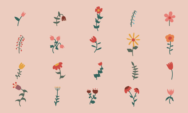 Boho aesthetic flower set. Hand drawn flowers in cutout style. Floral design elements. Minimal Bohemian botanical art
