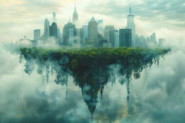 A city is floating in the air with clouds surrounding it. The city is surrounded by trees and the sky is filled with fog - Powered by Adobe