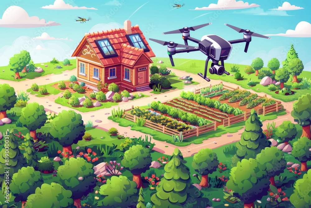 Poster isometric drone technology for harvest management and field survey using automated farm technology f