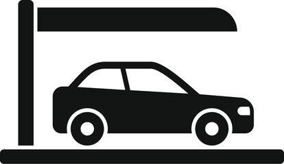 Black silhouette of a car parked under a flatroofed carport, isolated on a white background