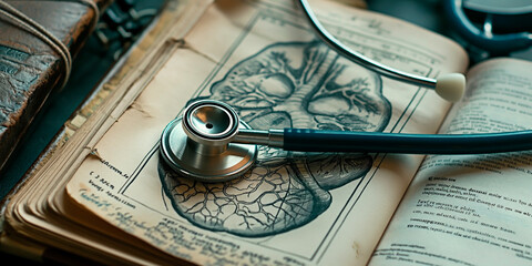 Vintage medical book with stethoscope and brain illustration. Stethoscope resting on open anatomy book with organ diagram.