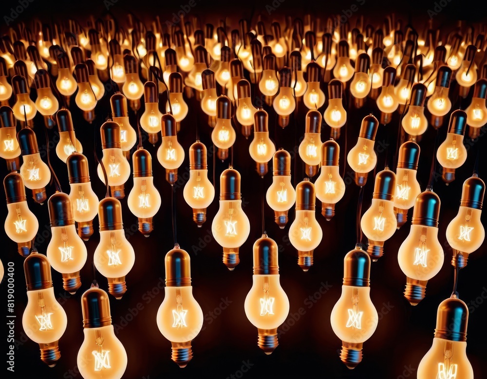 Poster a creative pattern of glowing incandescent bulbs on a dark background, offering a luminous display o