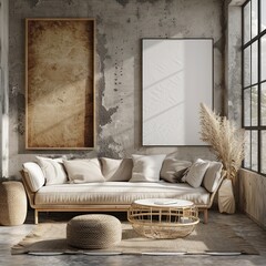 Frame mockup in ISO A paper size on a minimalist living room wall, complemented by a modern interior design and 3D house render.
