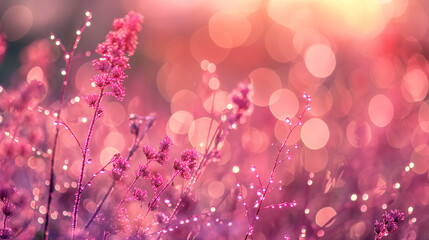 Pink meadow at dawn sprinkled with dew, interesting, beautiful background - Powered by Adobe