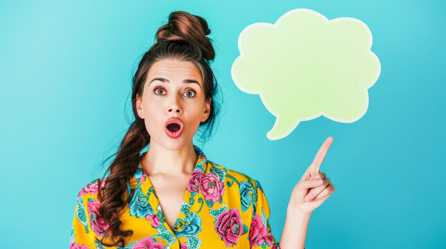 Surprised Woman Pointing at Speech Bubble - Powered by Adobe