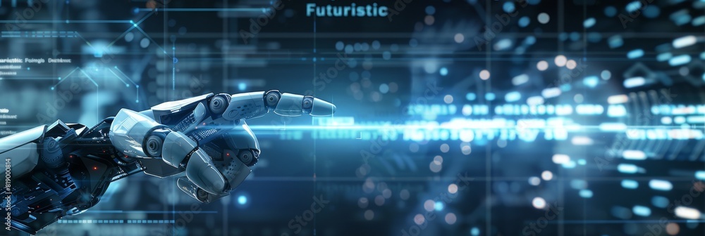 Aufkleber A robot finger pointing at a data datum and connecting hologram for the future of robotic artificial intelligence productivity and automation efficiency as a wide banner with a copy space design.