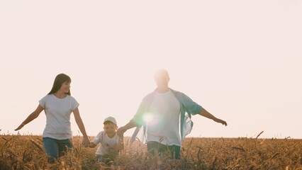 Smiling family running at sunny sunlight dry wheat playing together holding hands. Happy mother...