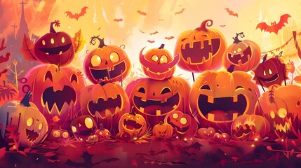 Halloween Pumpkins Spooky Jack o Lanterns in Autumn Seasonal with Eerie Lighting Effects