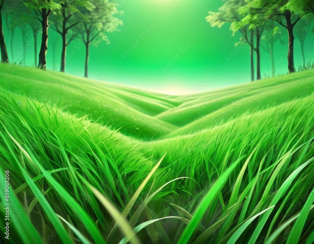 Poster an illustration of a lush green field with vibrant grass and tranquil trees under a serene sky.. ai 