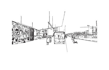 Print Building view with landmark of Santa Pola is a coastal town in Spain. Hand drawn sketch illustration in vector.