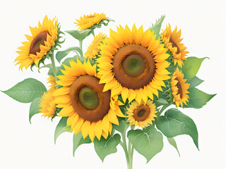 Bright sunflower bouquet isolated on white. Perfect for greeting cards, home decor, and nature themes, this detailed illustration showcases vibrant sunflowers in full bloom, conveying warmth 