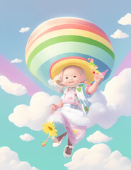 rainbow, child, cartoon, sky, vector, illustration, clouds, nature, summer, cloud, sun, angel, children, baby, boy, design, fun, art, spring, people, love, flower, fairy, kid, drawing, smile, balloon,