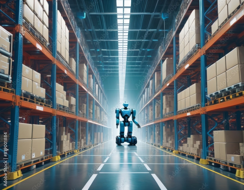 Poster a lone robot stands on a smooth floor in the vast expanse of an automated, modern warehouse with tow