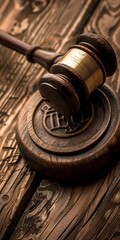 Close-up of a judge's gavel on a wooden table, signifying law and justice in a courtroom setting.