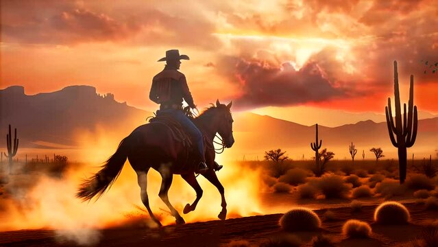 Looping time-lapse animation of a cowboy riding his horse in the vast desert. Majestic and timeless scene.