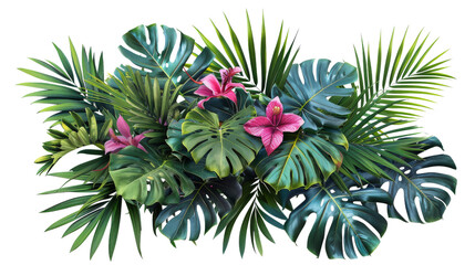 A vibrant painting featuring various tropical leaves and flowers in full bloom, showcasing the rich colors and intricate details of nature.