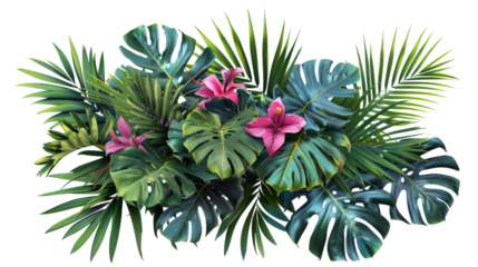 A vibrant painting featuring various tropical leaves and flowers in full bloom, showcasing the rich colors and intricate details of nature.