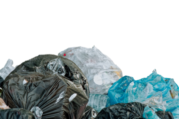Garbage bag dump on a transparent background. Trash bags. Disposable plastic bags. Waste managment. Environmental issues, pollution. Environmental protection