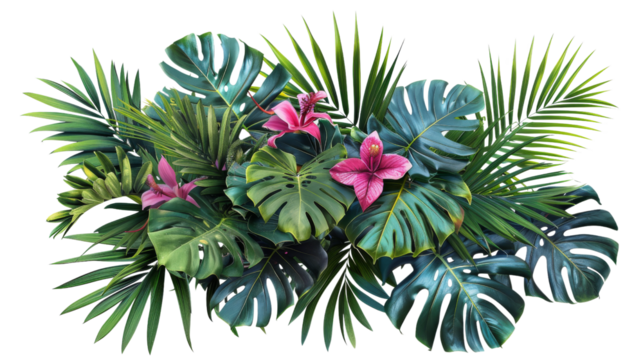 A vibrant painting featuring various tropical leaves and flowers in full bloom, showcasing the rich colors and intricate details of nature.