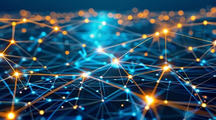 Obraz premium Technology abstract with a 3D network structure. a vibrant and dynamic digital illustration featuring interconnected lines and dots in a network pattern.