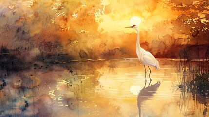 Obraz premium Graceful crane standing in a tranquil pond at sunset, in watercolor
