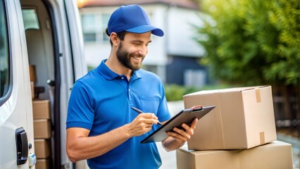 Courier with Signature Device (16:9): A courier holding an electronic signature device, ready for the recipient to sign for their delivery.
