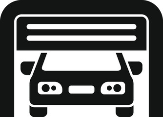 Black and white icon representing a car parked under a covered parking structure