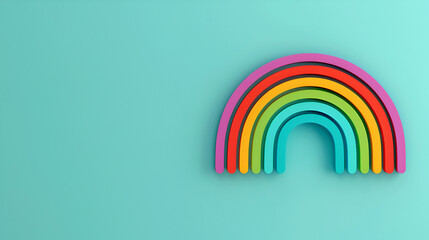 Bright multi colored rainbow on a blue background. 3d illustration. Banner, template, greeting card design. Copy space.
